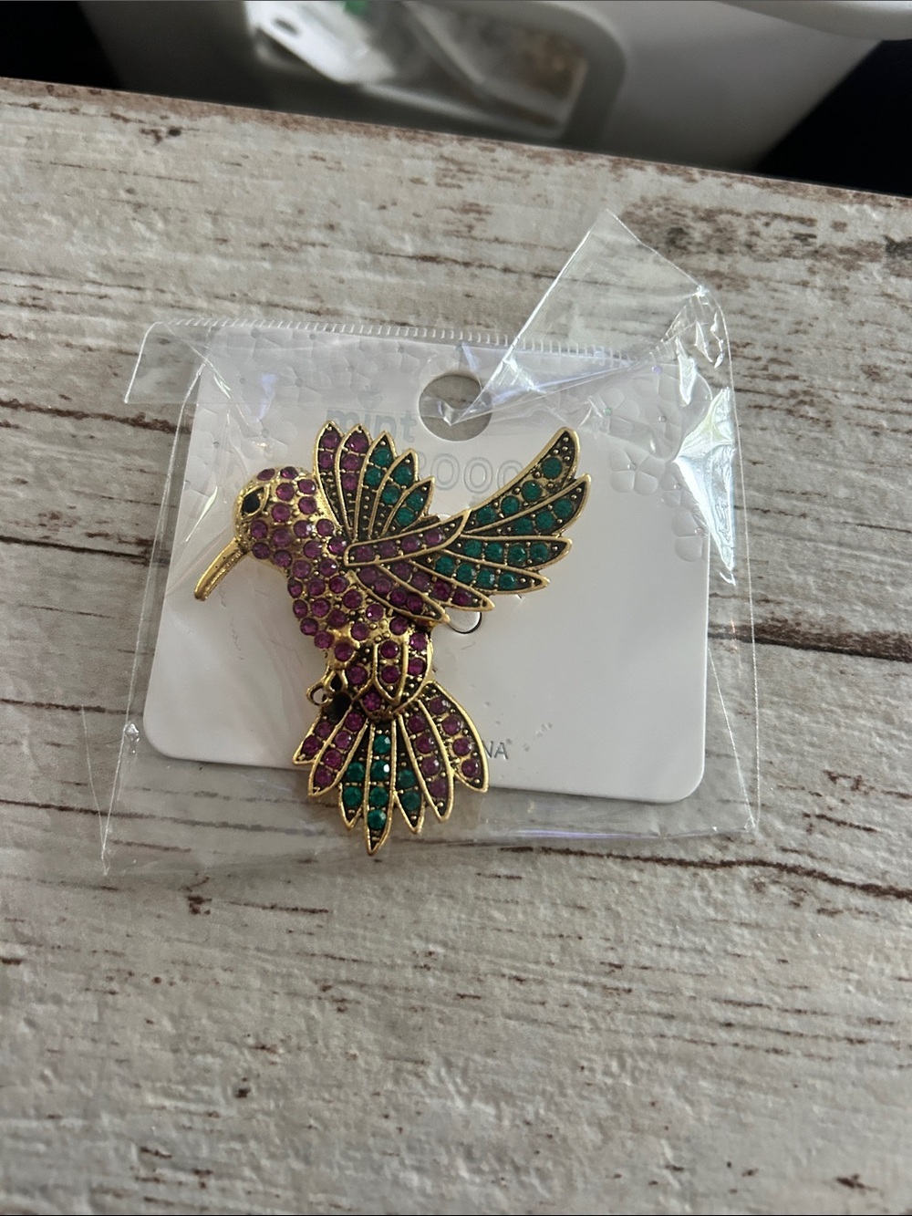 5/)25 Gold Hummingbird Brooch Pin with Purple and Teal Crystals